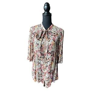 Ralph Lauren Brown Floral Georgette Neck Tie midi Sleeve Blouse
